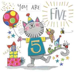 Rachel Ellen Designs | Birthday Cards - Cat Presents and Balloons - You Are FIVE
