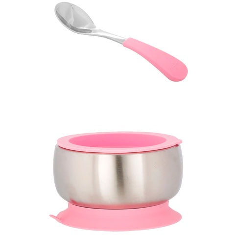 Avanchy | Stainless Steel Baby Bowl + Baby Spoon Set - Pink